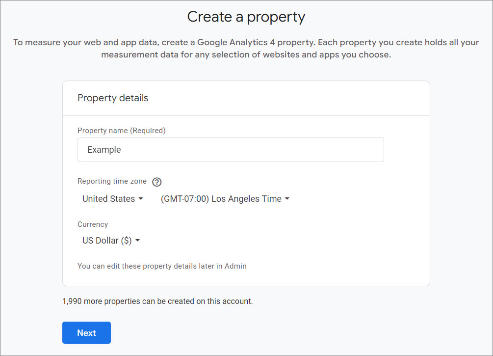 Analytics create a property