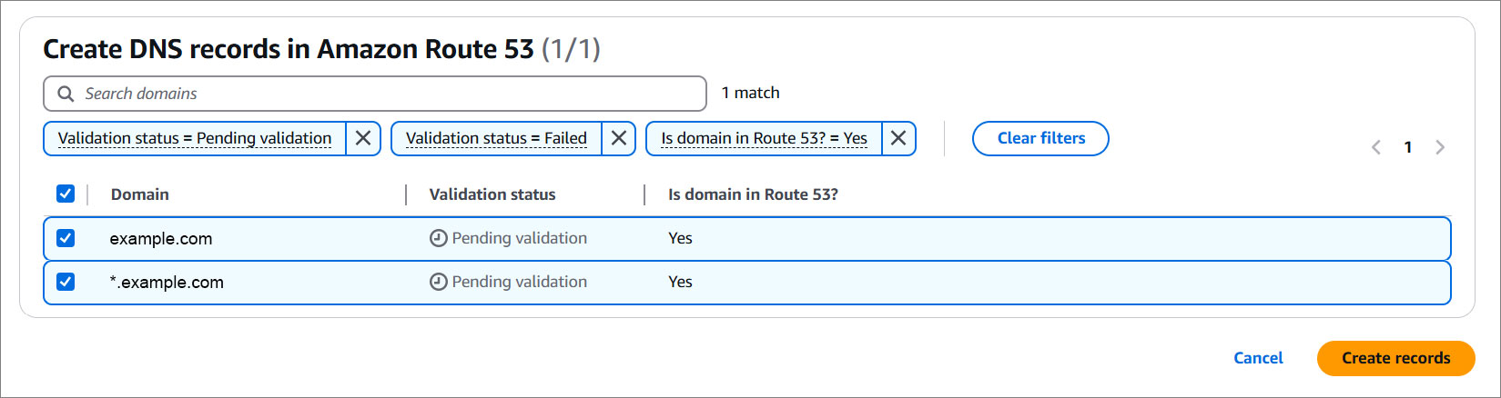 Create DNS in Route 53 action bar