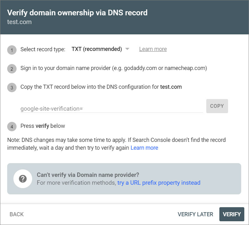 Google Search Console DNS Record