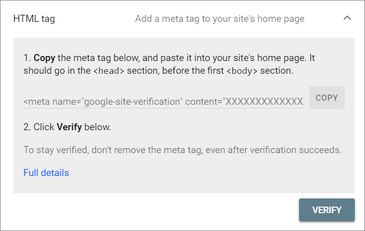 Google Search Console HTML Tag Record