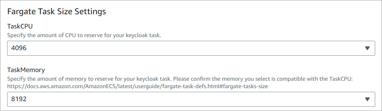 Keycloak Serverless Fargate Task Size Settings